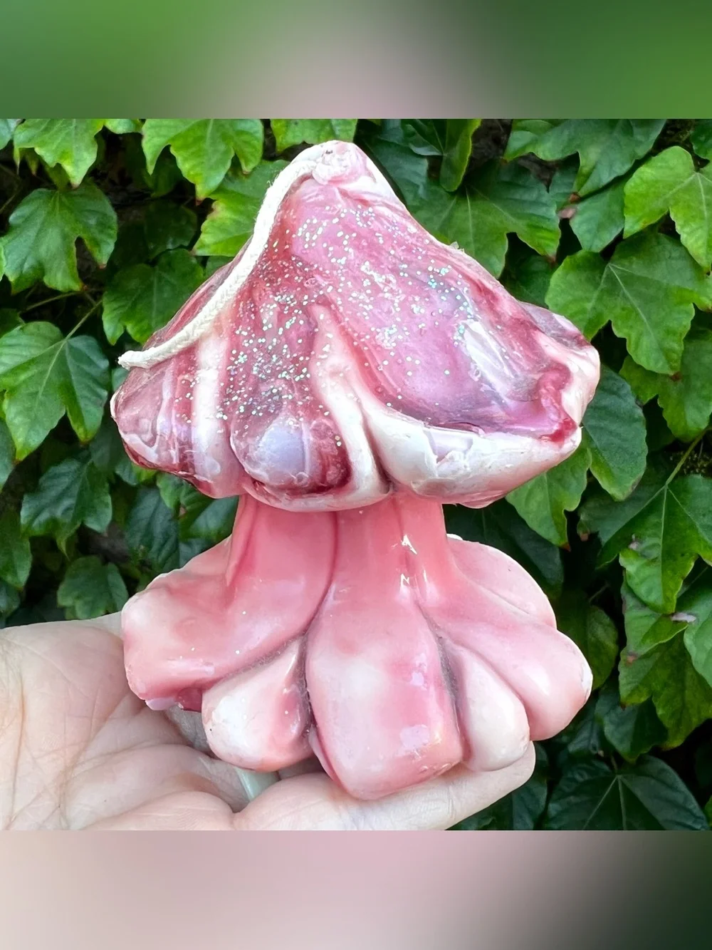 Vintage 70s Psychedelic Pink White Marbled Wax Glitter Mushroom Candle Hippie 4